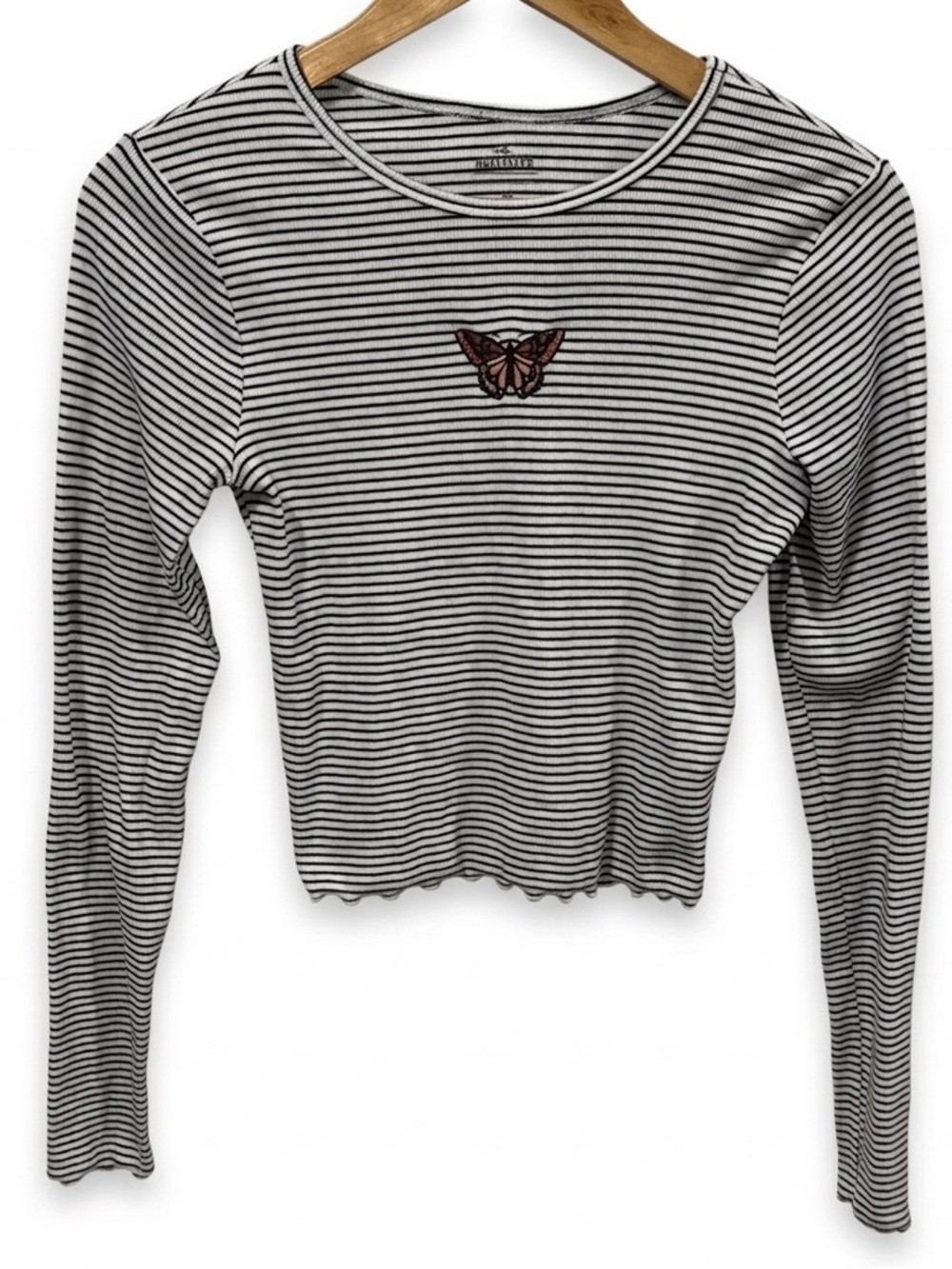 Hollister Black and White Striped Y2K Style Babydoll Long Sleeve Tee